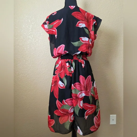 Kate And Lilly Black With Red Floral Dress Sheer And Lined Work Appreal Sz 12 - Picture 3 of 4